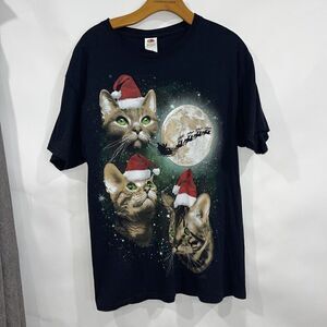 Christmas Cat Lover T Shirt Large Short Sleeve Crew Neck Santa Sleigh Moon Tabby